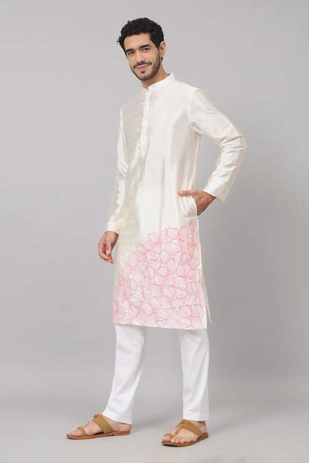 Buy Off White Semi Raw Silk Embroidery Thread Petals Floral Kurta For