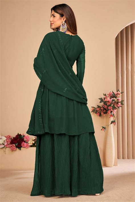 Embroidered Eid Sharara Suit In Green Faux Georgette Uk Ss