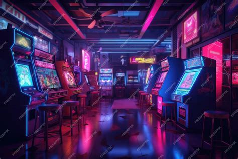 Premium Ai Image A Deserted Arcade Neon Lights Flickering And Casting