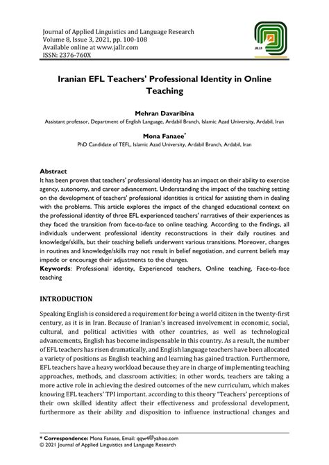 Pdf Iranian Efl Teachers Professional Identity In Online Teaching