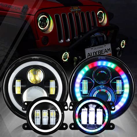 Jeep Wrangler 7 Inch RGB LED Headlights With 4 Inch Fog Lights Black