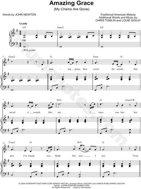 Chris Tomlin Amazing Grace My Chains Are Gone Sheet Music In G