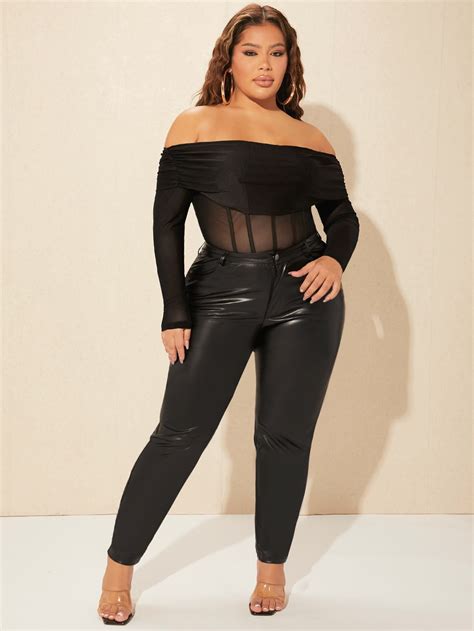 Shein Sxy Plus Off Shoulder Mesh Panel Bodysuit Shein Usa