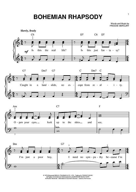 Bohemian Rhapsody Sheet Music By Queen Teaching Charts And Songs