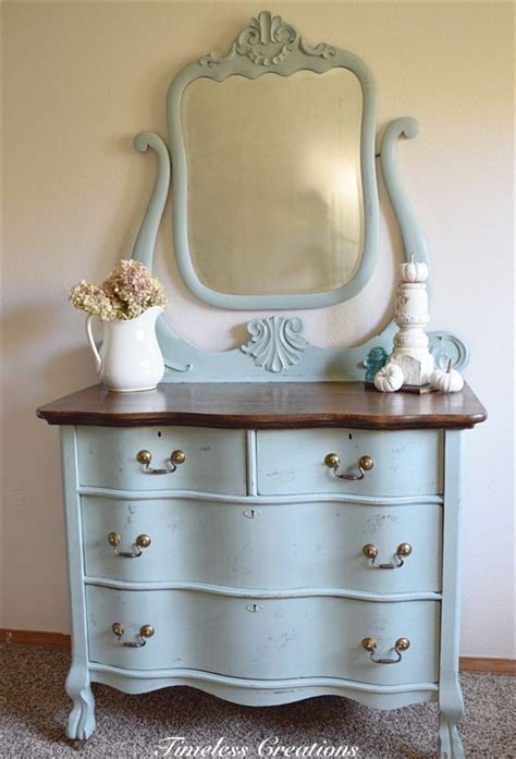 Chalk Paint Pastel Blue Dresser Chest With Mirror Dark Wood Top