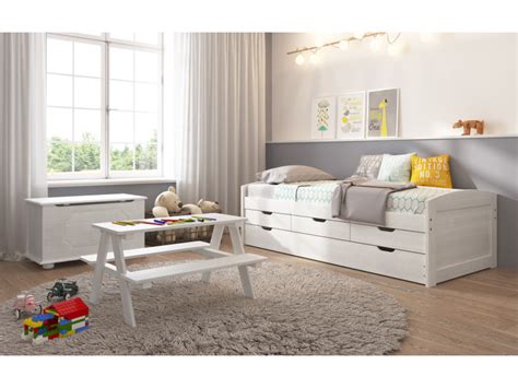 Lit Gigogne ULLI 90x190cm 2 Couchages 3 Tiroirs En Bois Massif Blanc