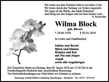 Traueranzeigen Von Wilma Block Trauer Anzeigen De