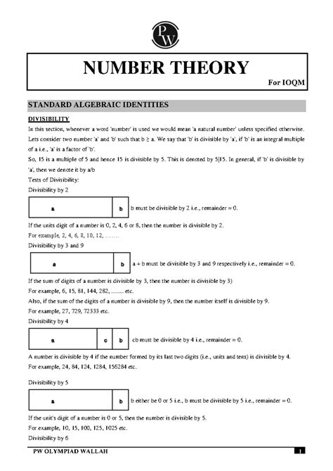 Number Theory Module 01 Only PDF IOQM 2024 NUMBER THEORY For IOQM