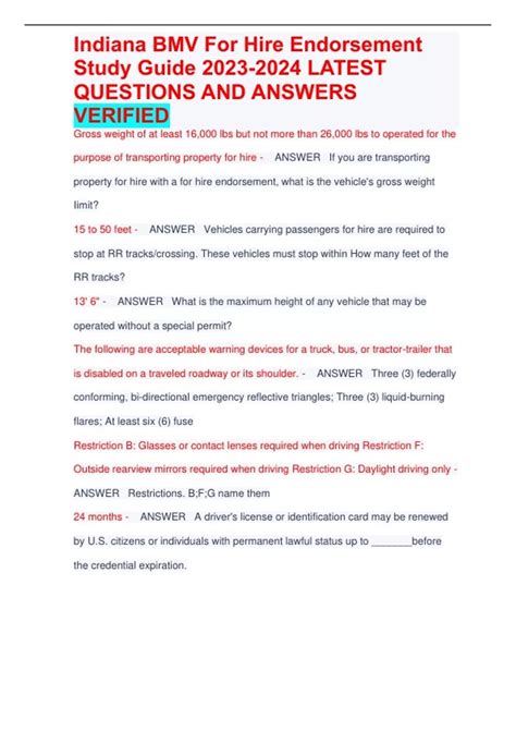 INDIANA BMV FOR HIRE ENDORSEMENT STUDY GUIDE 2024/2025 LATEST UPADTED