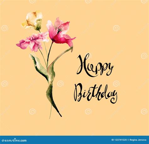 Stylized Flowers With Title Happy Birthday Stock Illustration Illustration Of Inscription