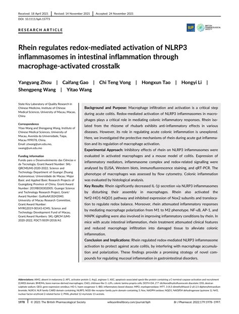 Pdf Rhein Regulates Redoxmediated Activation Of Nlrp Inflammasomes