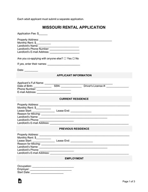 Free Missouri Rental Application Template Pdf Word Eforms