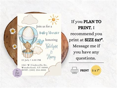 Teddy Bear On Hot Air Balloon Baby Shower Invitation Template Etsy