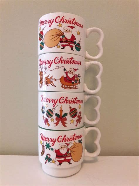 Set Of 4 Merry Christmas Mugs Vintage1960s Stackable Ceramic Santa Reindeer Unbranded