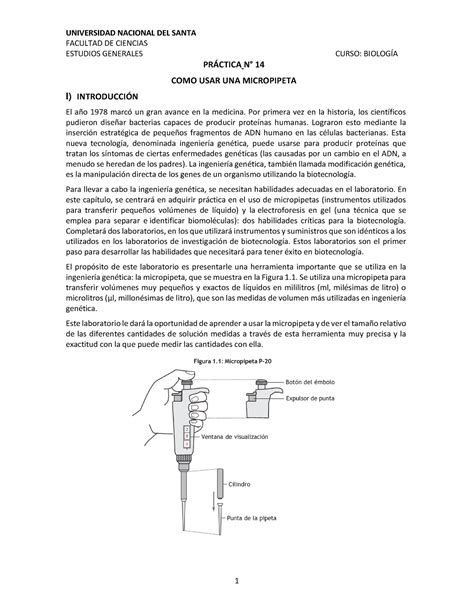 Sem 14 Uso De Micropipeta FACULTAD DE CIENCIAS ESTUDIOS GENERALES