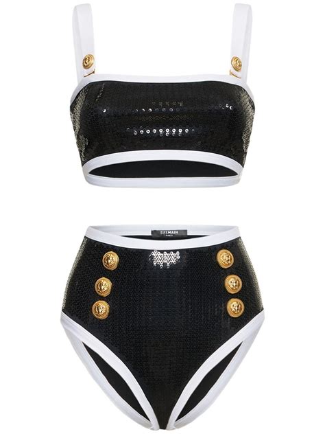 Balmain Sequined Bandeau Bikini W Buttons In Black Lyst