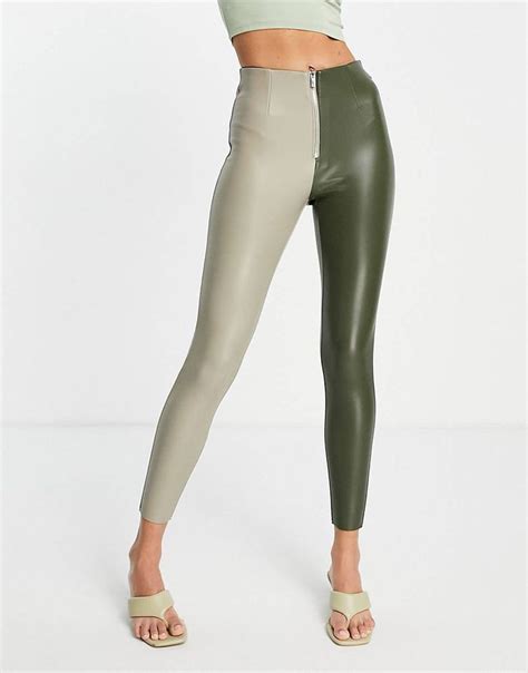 Topshop Faux Leather Contrast Zip Fly Legging In Sage And Khaki Asos