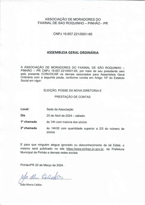 Edital De Convocação De Assembleia Geral Prefeitura De Pinhão Pr