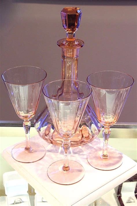 Vintage Pink Depression Glass Etched Wine Water Decanter Stopper And 3 Glasses Antique Price