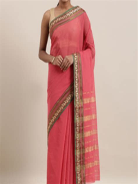 Buy The Chennai Silks Peach Coloured Green Zari Pure Cotton Saree