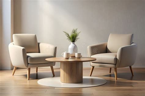 Modern Minimalist Armchairs And Round Coffee Table Set Generative Ai