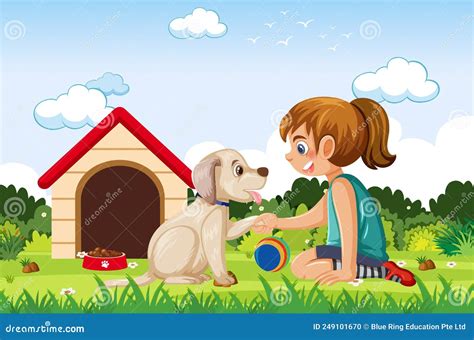 A Girl Playing With Her Dog Stock Vector Illustration Of Creature