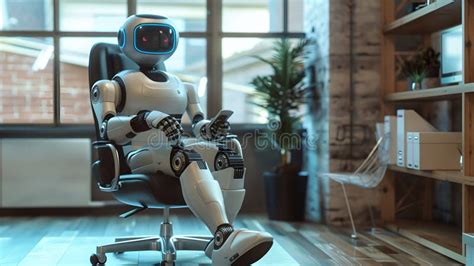 Futuristic Robot Sitting Relaxed In Office Contemporary Ai Technology