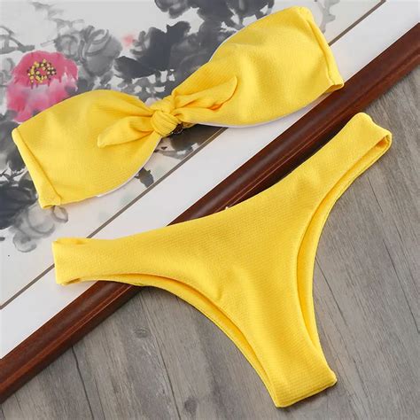 Melphieer Hot Lady S Yellow Bikini Sexi Bow Tie Swimwear Women