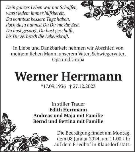 Traueranzeigen Von Werner Herrmann M Rkische Onlinezeitung Trauerportal