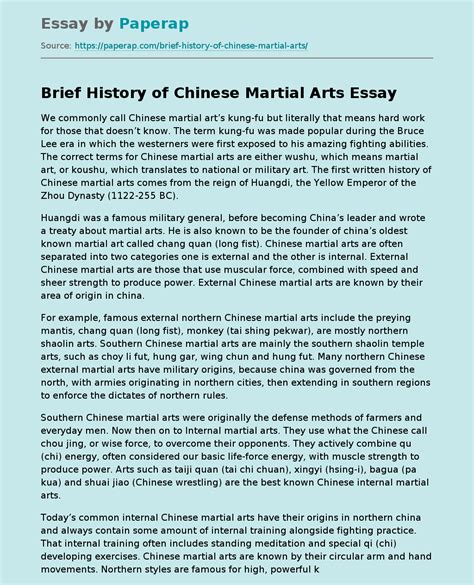 Brief History of Chinese Martial Arts Free Essay Example