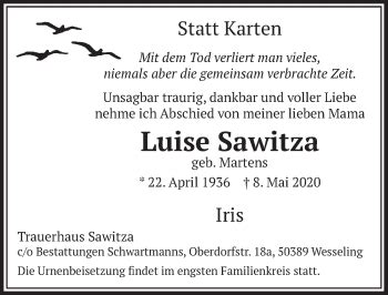 Traueranzeigen Von Luise Sawitza WirTrauern