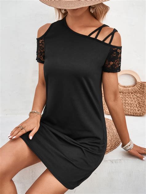 Shein Lune Vestido Estilo Camiseta Con Encaje En Contraste De Cuello