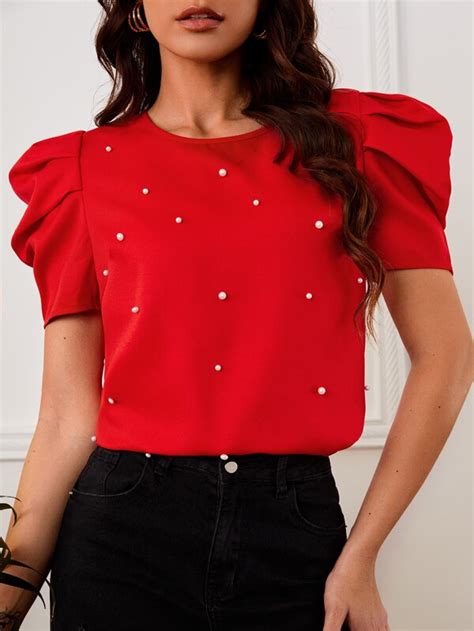 Shein Clasi Solid Puff Sleeve Pearls Beaded Top Shein Usa