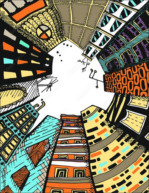 Unusual perspective of the city, drawn sketch, vector illustration ...