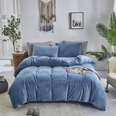 Cottonight Blue Velvet Comforter Set King Lake Blue Flannel Bedding