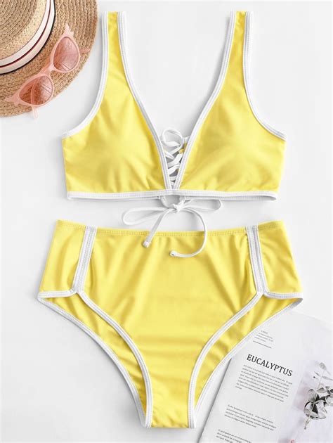 Zaful Contrast Piping Lace Up Reversible Bikini Swimsuit Corn Yellow