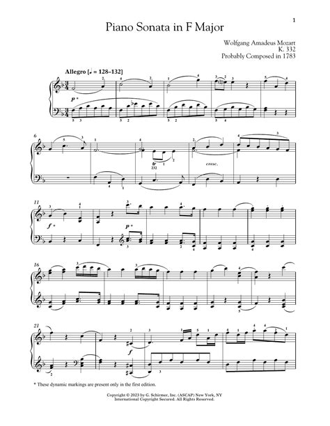 Wolfgang Amadeus Mozart Piano Sonata In F Major K 332 Sheet Music And Chords For Piano Solo