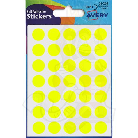 Avery Coloured Labels 13mm Diameter Neon Yellow 32 284 10 Packs Of 245