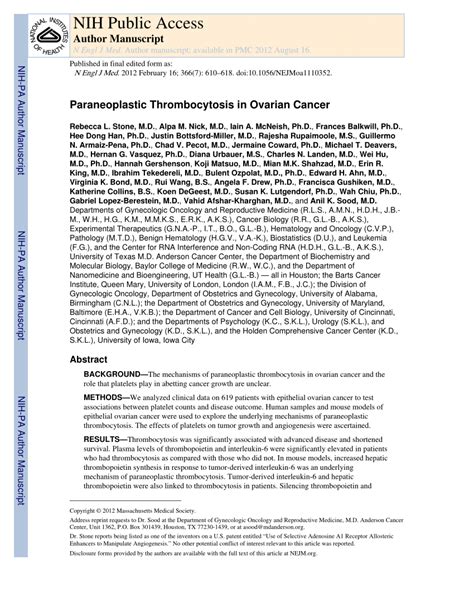 PDF Paraneoplastic Thrombocytosis In Ovarian Cancer