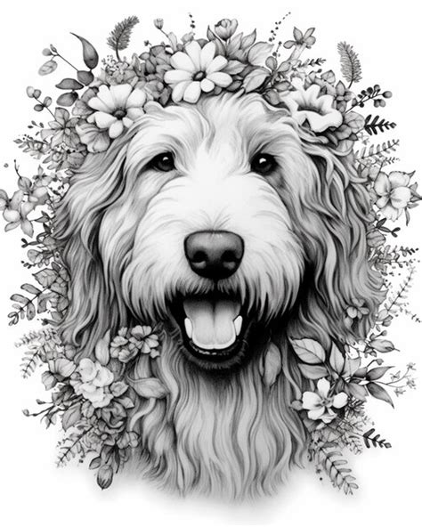 Un Dibujo En Blanco Y Negro De Un Perro Con Flores En La Boca Ai