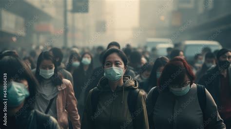 Asian Highly Polluted Air City With Crowd In Protective Masks In Dense