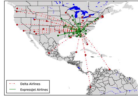 Selected routes of Delta Airlines and ExpressJet Airlines from Atlanta ...