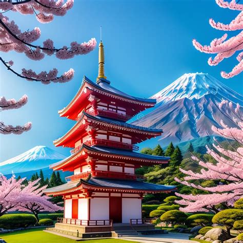 Pagode And Mount With Cherry Blossom Tree During Spring Season