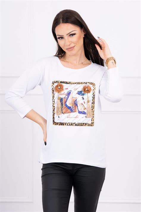 Blouse With Graphics D And Decorative Pom Pom White Bluzki Hurtownia