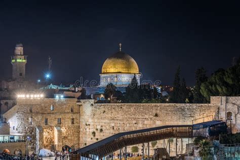 Night View of Golden Dome of the Rock ,western Wall on Temple Mount of ...