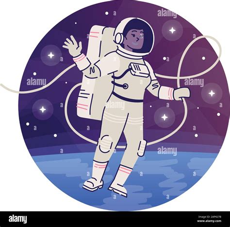 Cosmonaut floating in outer space flat concept icon. Female astronaut ...