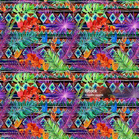 Tropical Exotic Leaves Orchid Flowers Neon Light Seamless Pattern