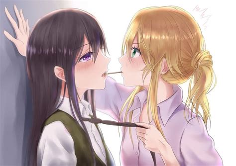 2girls Aihara Mei Aihara Yuzu Citrus Black Hair Blonde Hair Blush