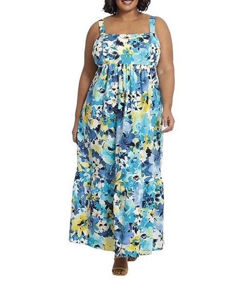 London Times Plus Size Floral Print Sleeveless Square Neck Smocked Back