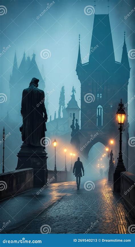 Mystical Foggy Morning On Charles Bridge In Prague Czech Republic Stock Illustration